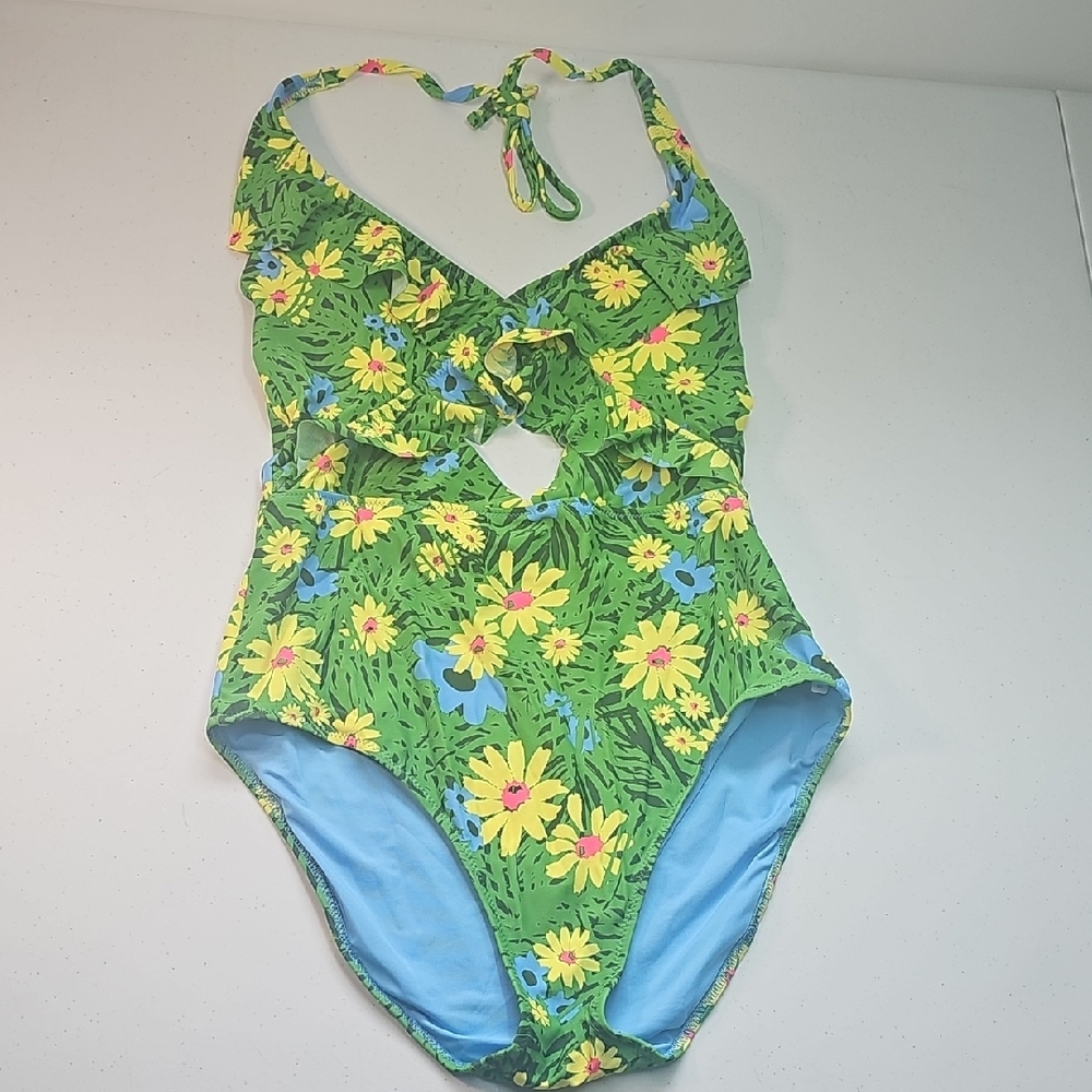 Aerie Green Floral Cutout One Piece Swimsuit